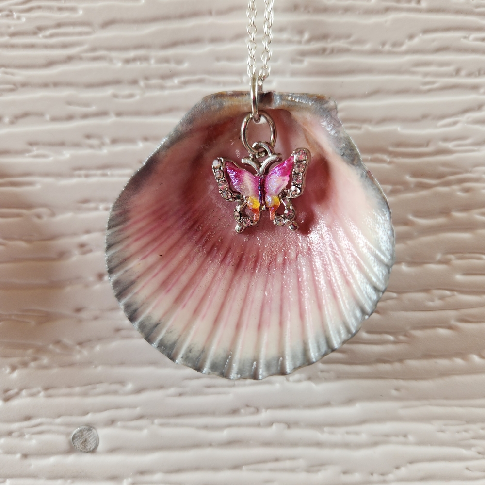 Pink and Silver Butterfly Shell Pendant Necklace